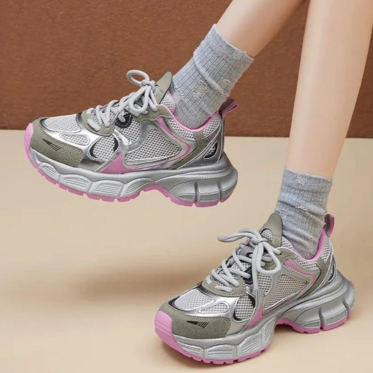 Leather Mesh Thick Sole Casual Sneakers for Women