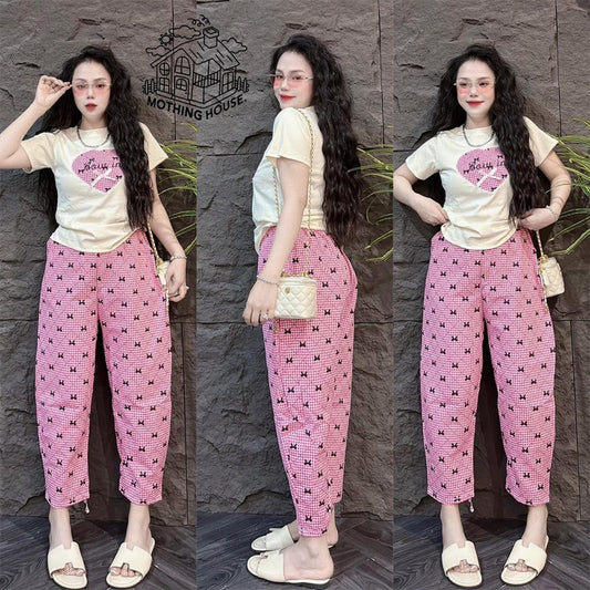 Love Printed Fashion Casual Short Sleeve T-shirt & Pant for Women