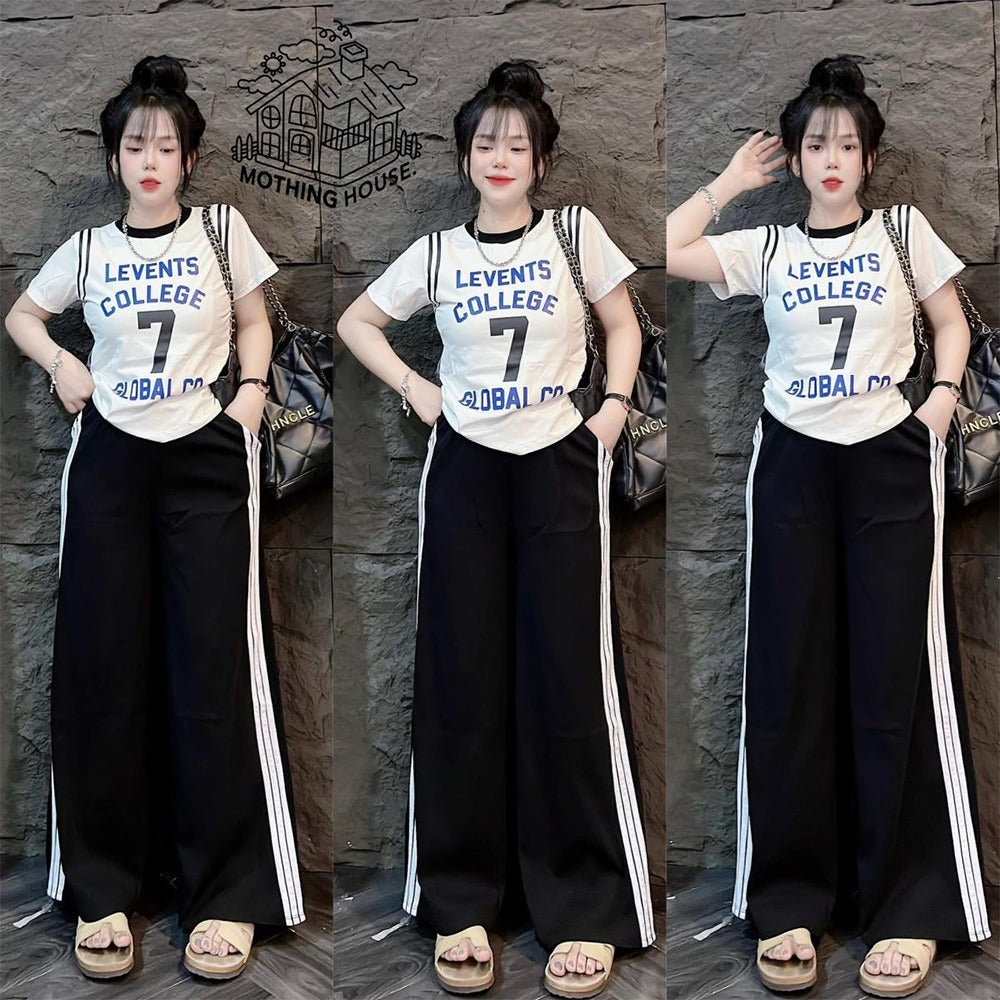 Letter Printed Fashion T-shirt & Wide Leg Pant for Women