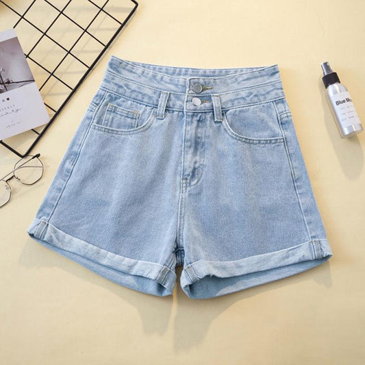 Korean Denim Solid High Waist Shorts for Women
