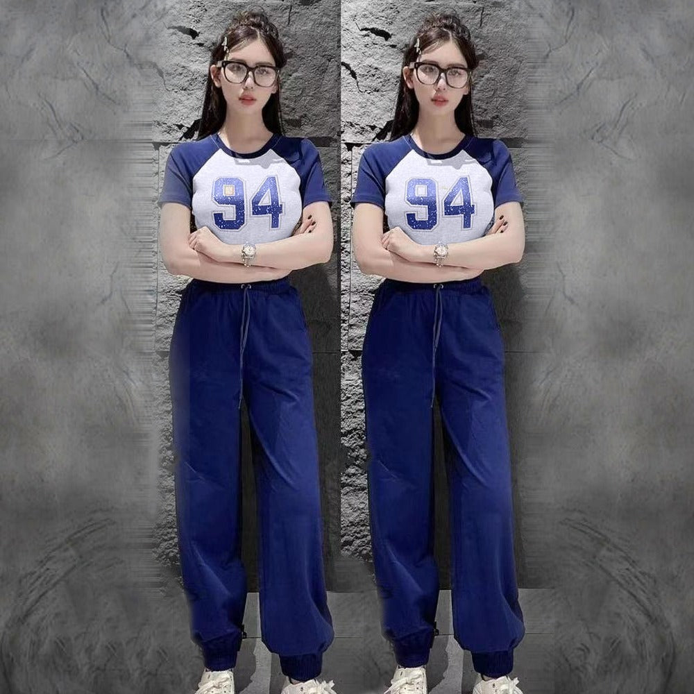 Number Printed Fashion Short Sleeve T-shirt & Pants for Women