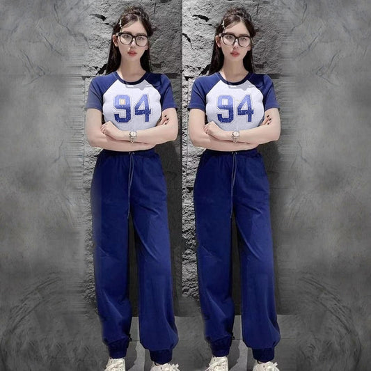 Number Printed Fashion Short Sleeve T-shirt & Pants for Women