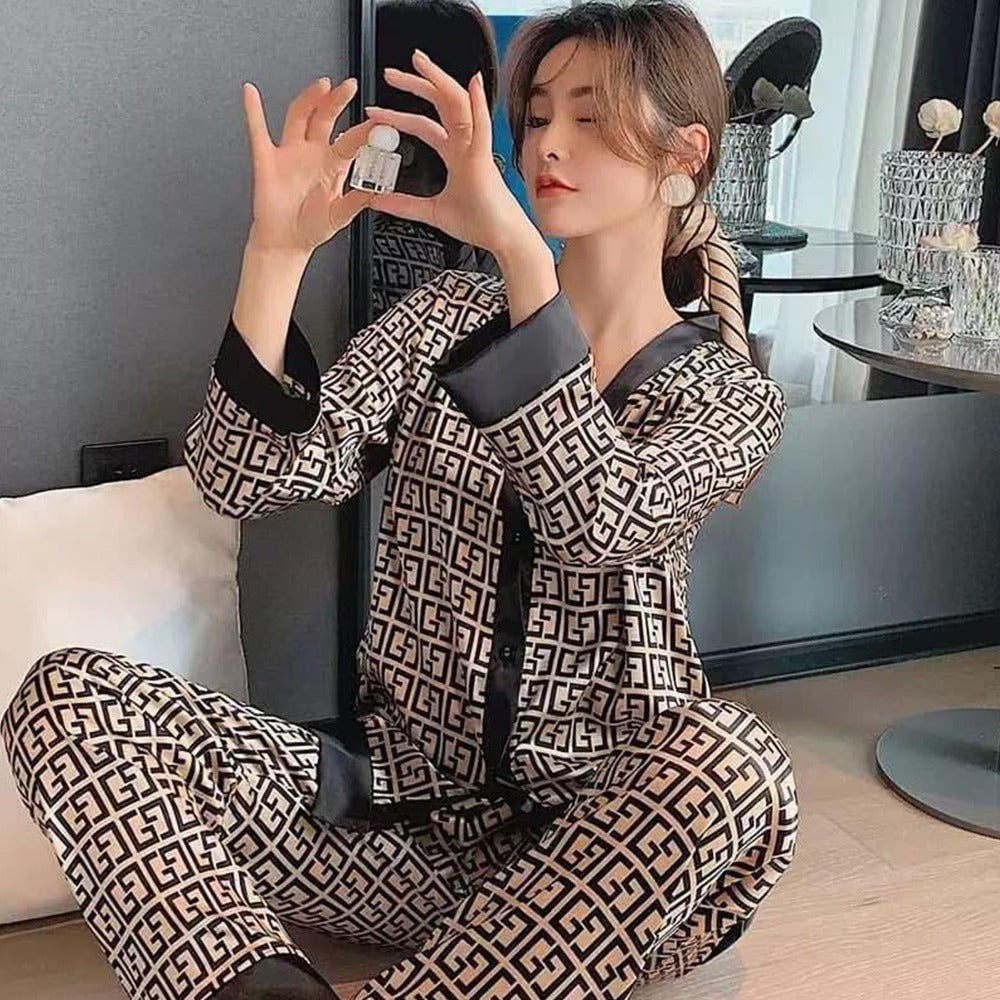 V Neck Printed Night Wear Pajama for Women