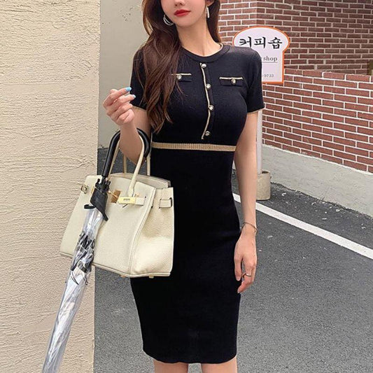 New Solid High Waist Solid Short Sleeve Casual Slim Dress for Women