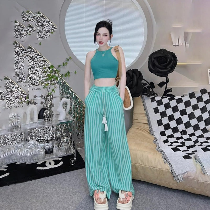 New High Waisted Striped Pant & Crop Top for Women