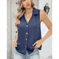 Button Up Solid Sleeveless Turn Down Collar Tank Top for Ladies