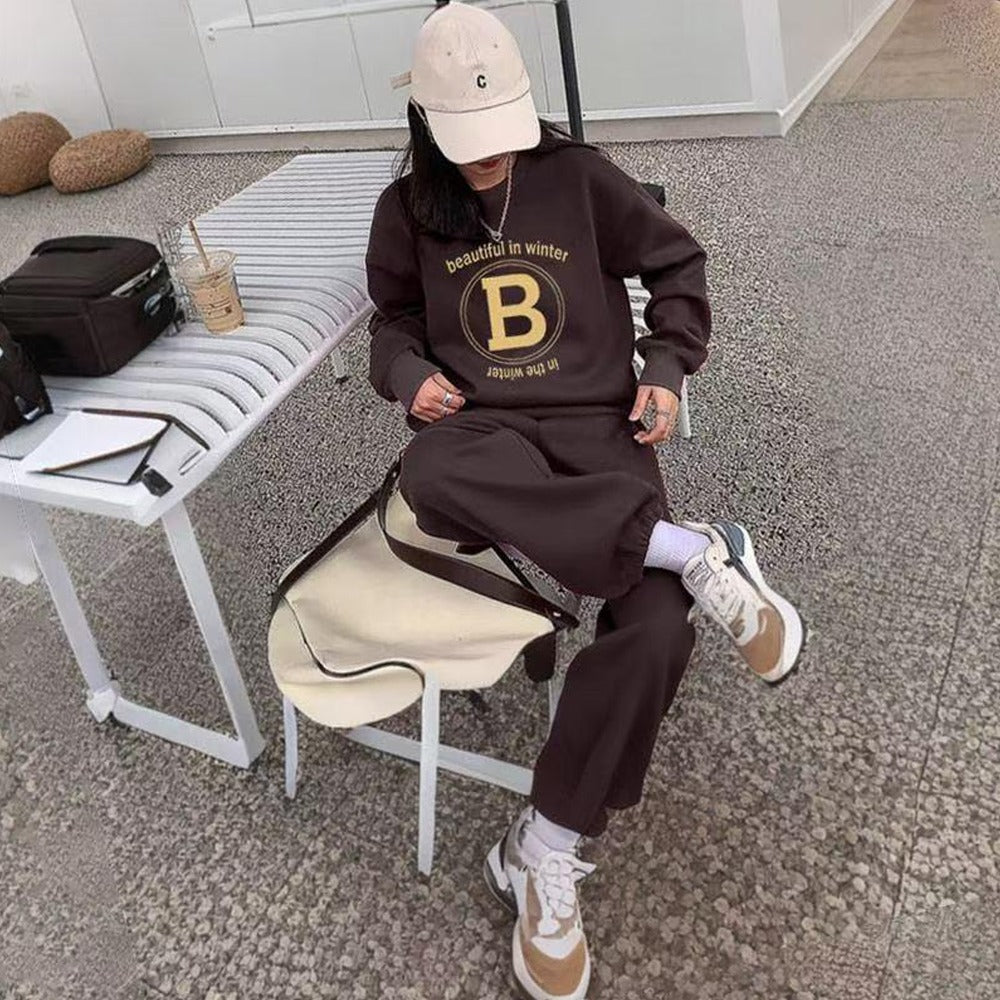 Text Printed Style Pullover & Solid Pants for Women