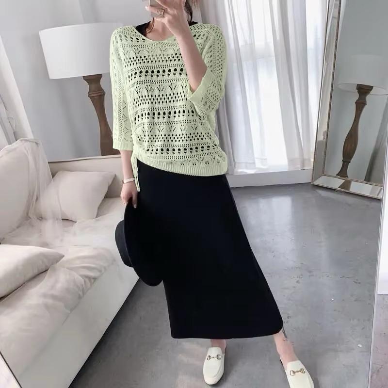 Hollow Knit Thin Solid Fashion Two-Piece Set Dress for Women