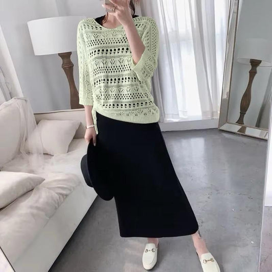 Hollow Knit Thin Solid Fashion Two-Piece Set Dress for Women