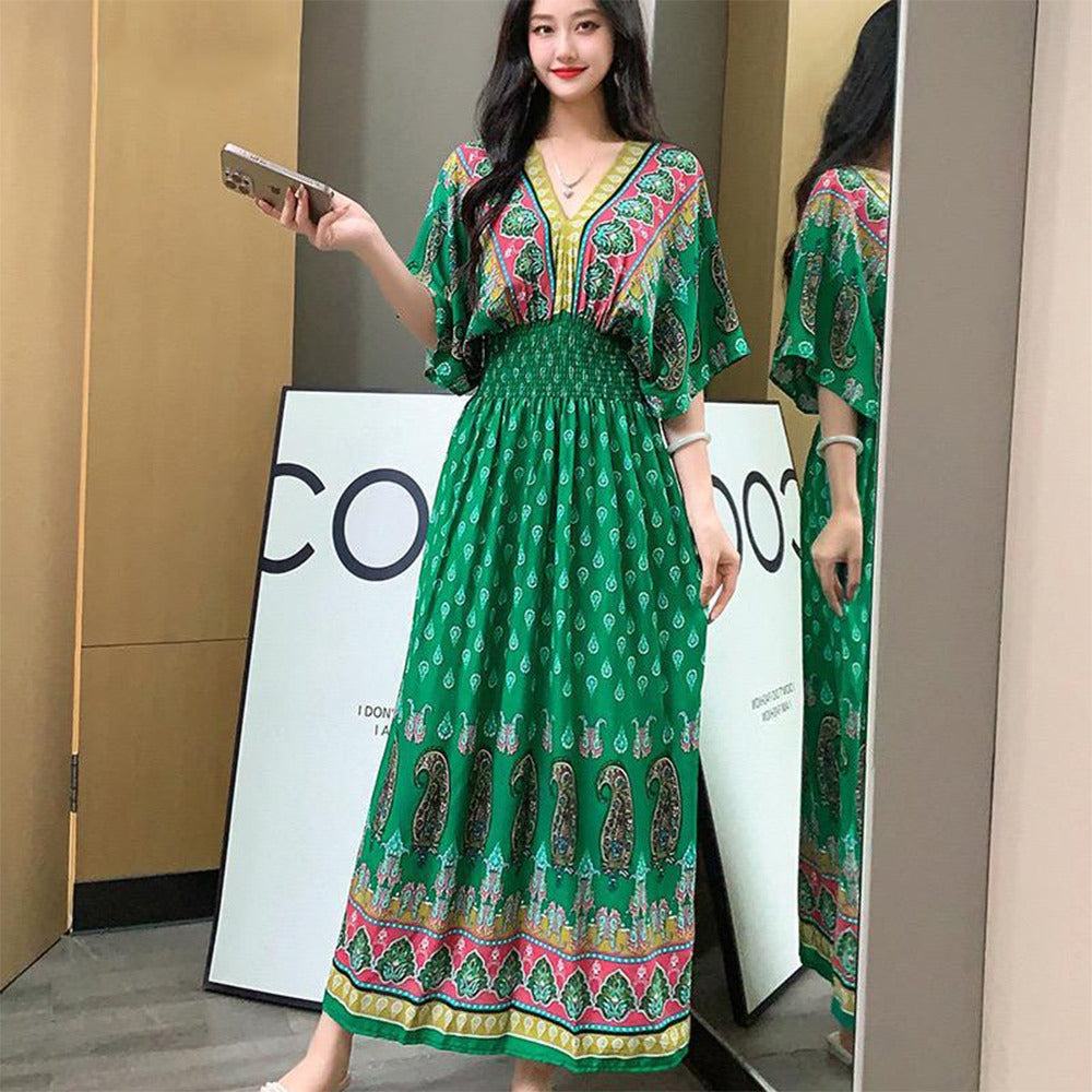 Floral Design Maxi Long Printed Bat Sleeve Dress for Women