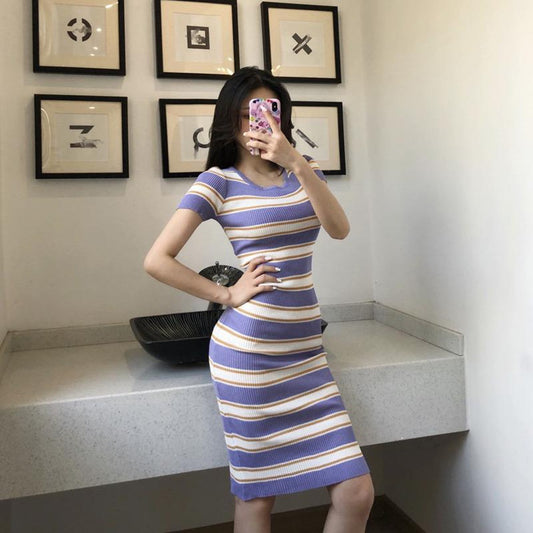 Round Neck Striped Fashion Bodycon Dress for Women