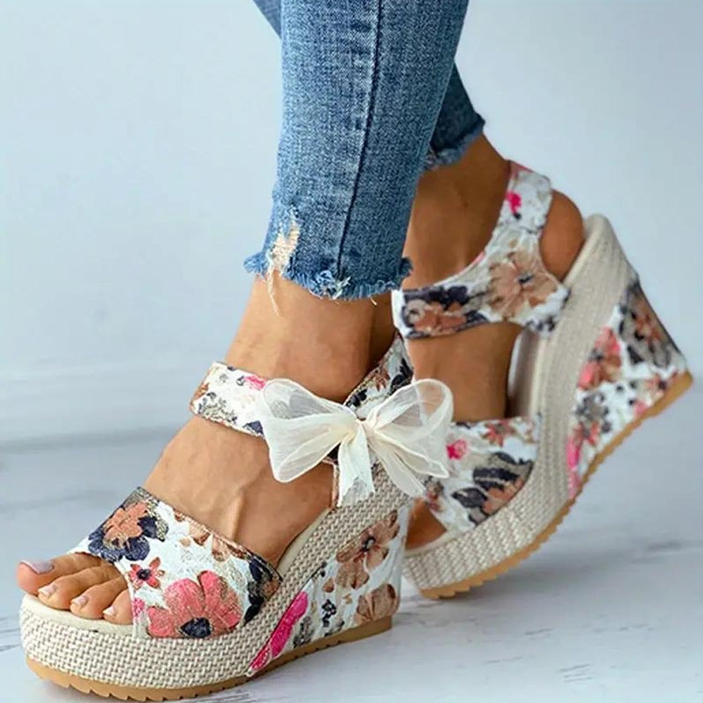 Floral Print Fashion Peep-Toe Tie-up Ankle Strap Sandals for Women