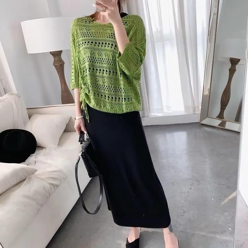 Hollow Knit Thin Solid Fashion Two-Piece Set Dress for Women