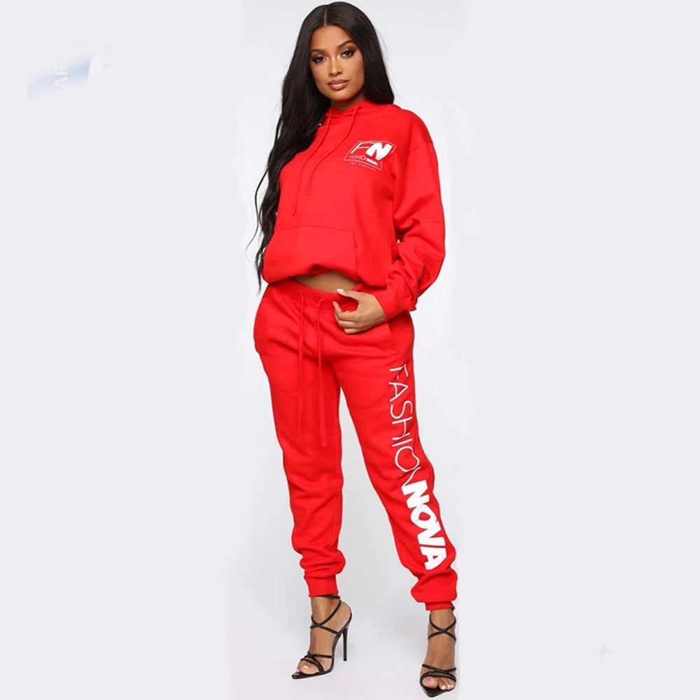 Text Printed Trendy Hooded Sweatshirt & Pants for Women