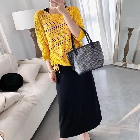 Hollow Knit Thin Solid Fashion Two-Piece Set Dress for Women