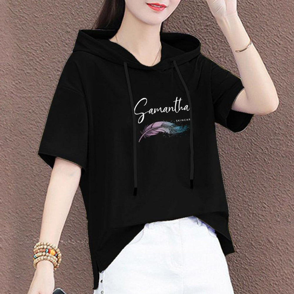 Solid Printed Fashion Hooded Short Sleeve T-Shirt for Women