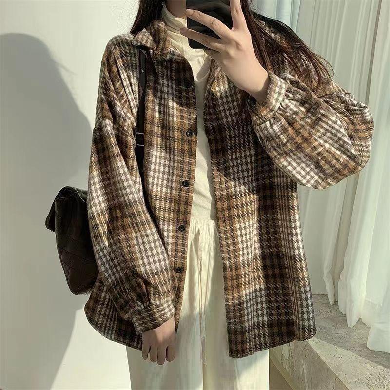 Long Sleeve Checkered Pattern Casual Oversized Shirt for Women