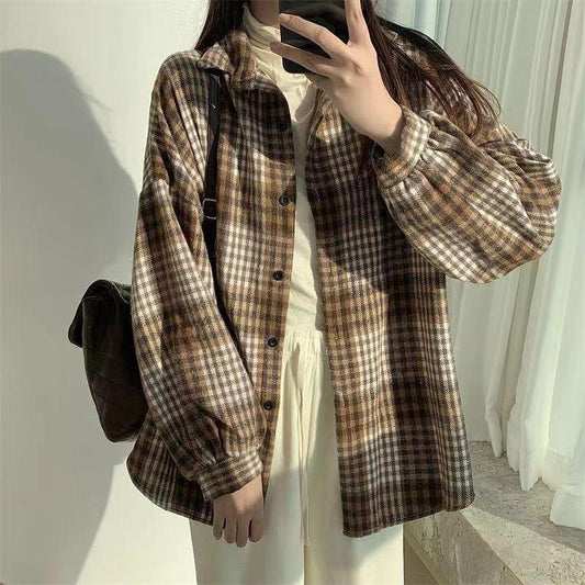 Long Sleeve Checkered Pattern Casual Oversized Shirt for Women