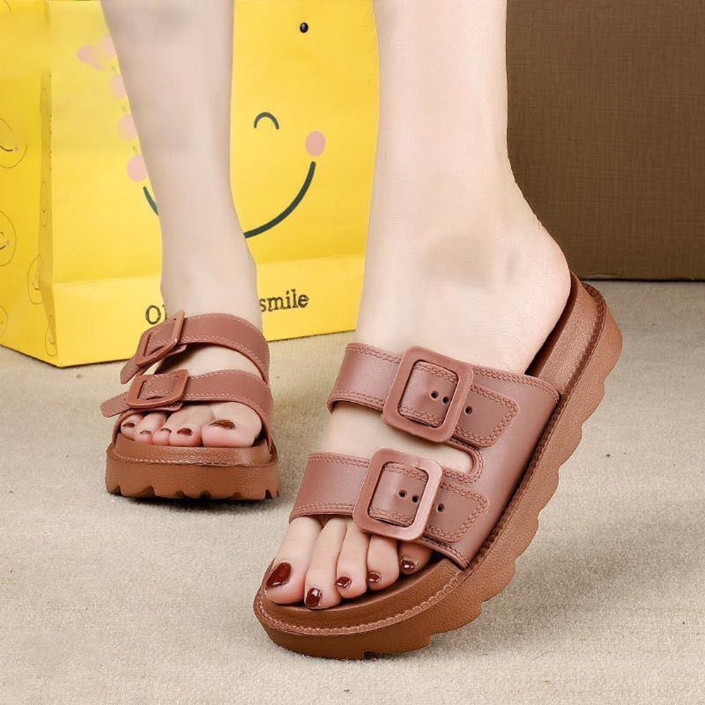Solid Buckle Style Slider Sandals for Women
