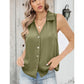 Button Up Solid Sleeveless Turn Down Collar Tank Top for Ladies