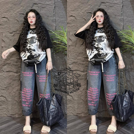 Graphics Pattern Korean Fashion T-shirt & Pants for Women