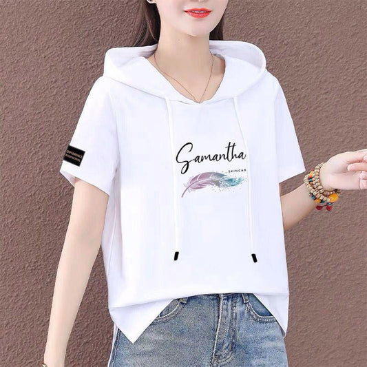 Solid Printed Fashion Hooded Short Sleeve T-Shirt for Women