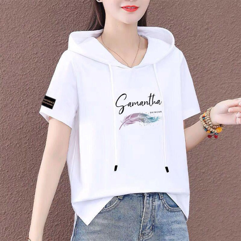 Solid Printed Fashion Hooded Short Sleeve T-Shirt for Women