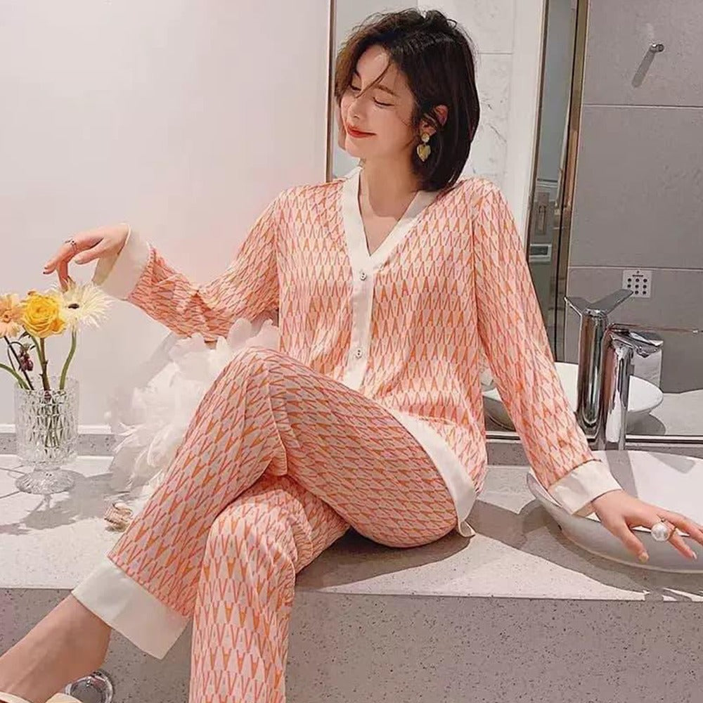 V Neck Printed Night Wear Pajama for Women