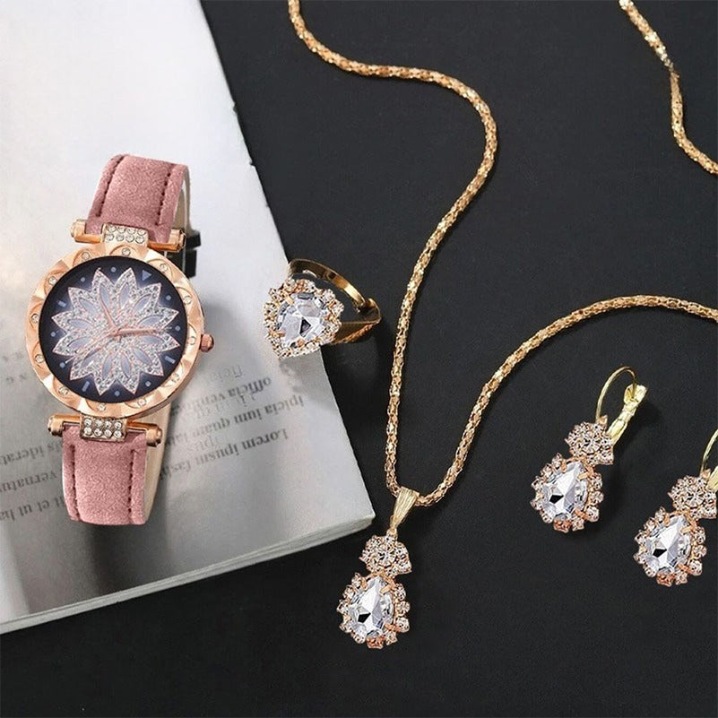 Premium Style 5 Pcs Jewlery Watch Set for Ladies
