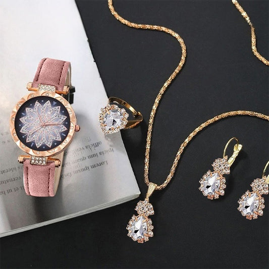 Premium Style 5 Pcs Jewlery Watch Set for Ladies