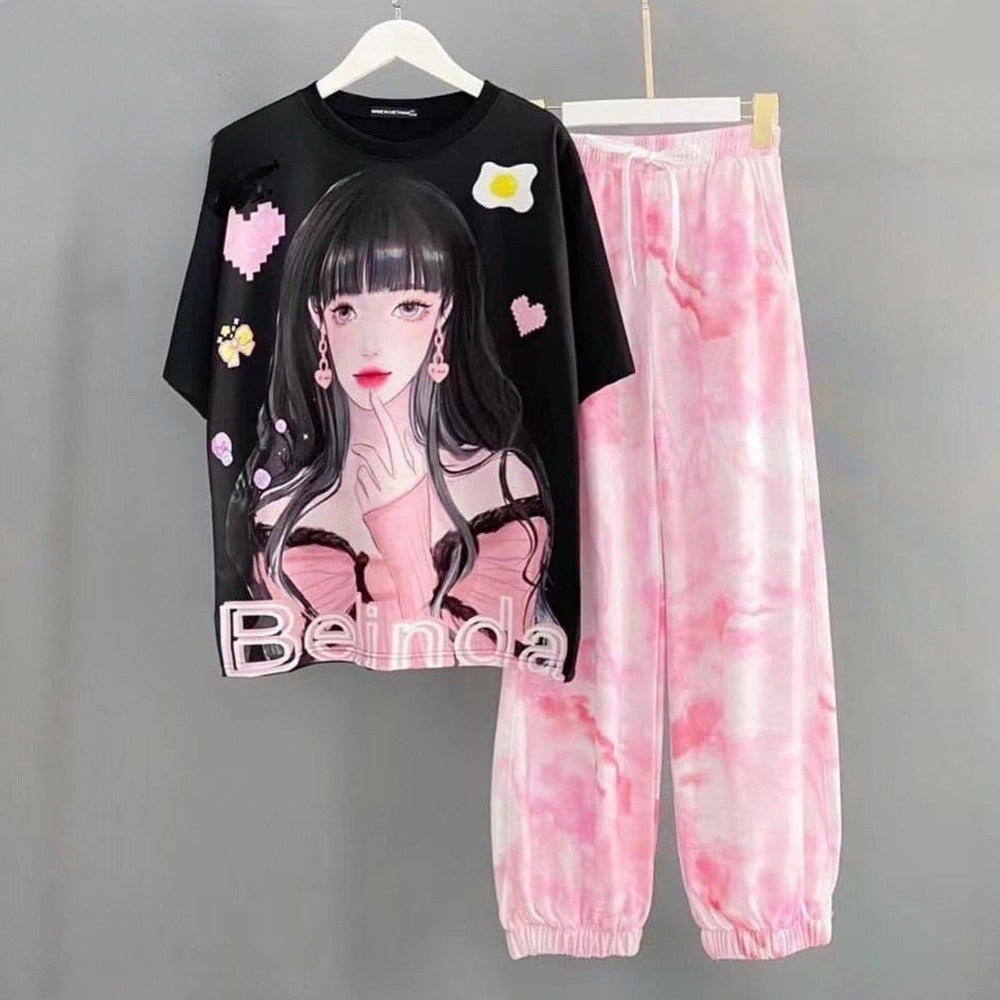 Indoor & Outdoor Fashion Graphic Printed T-shirt & Pants for Women
