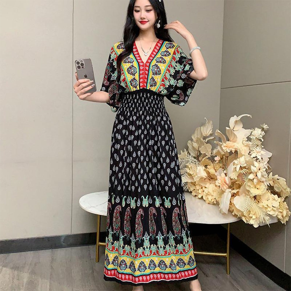 Floral Design Maxi Long Printed Bat Sleeve Dress for Women