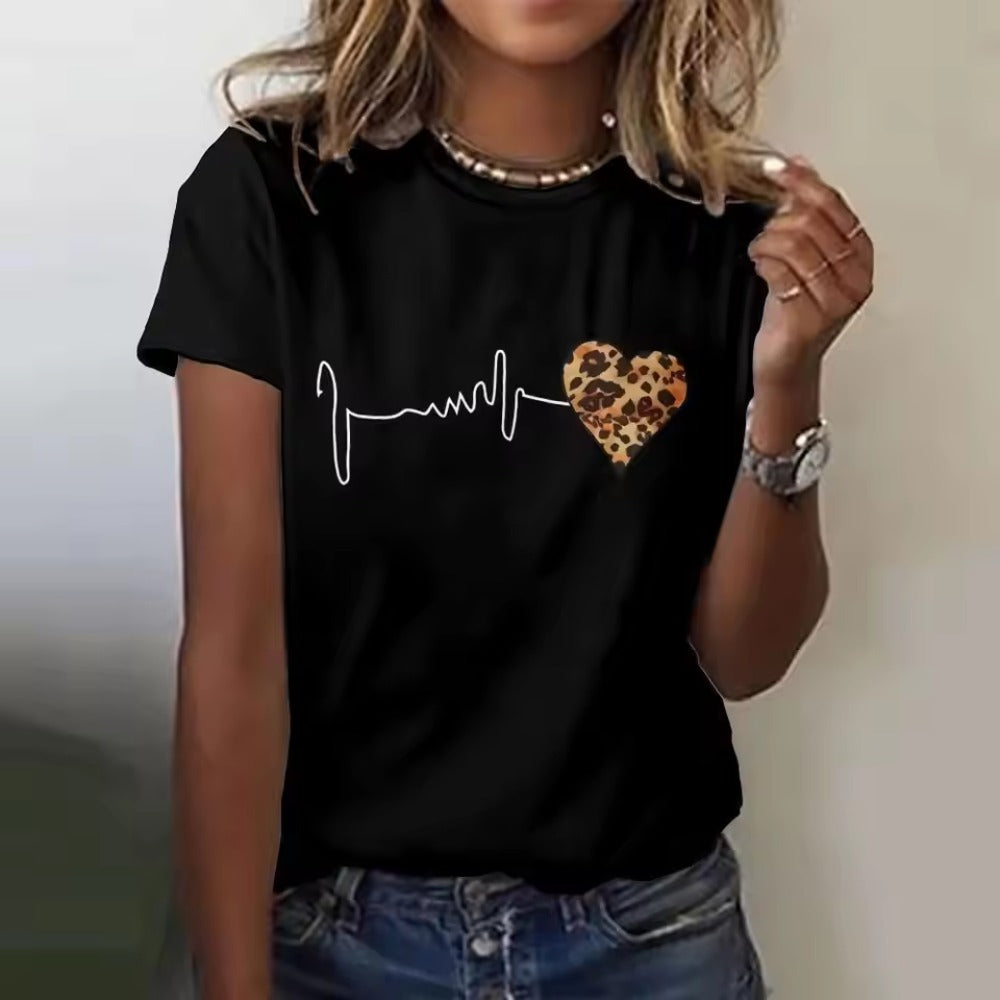 Heart Design Printed Short Sleeve T-shirt for Women