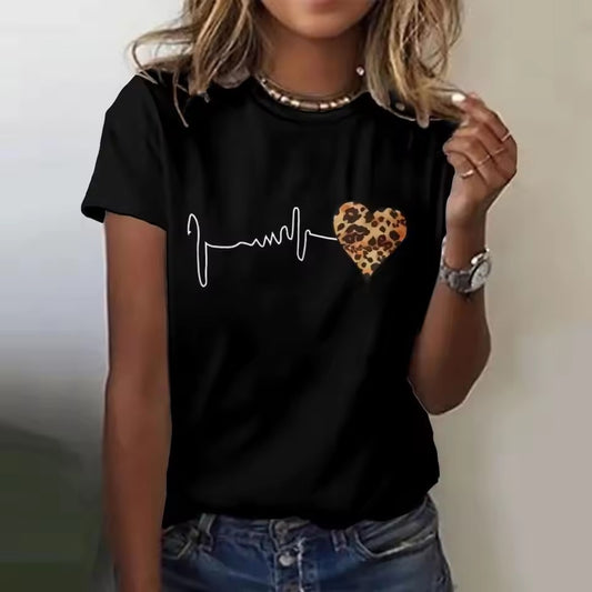 Heart Design Printed Short Sleeve T-shirt for Women